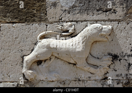 Byzantine Art. Relief depicting a lion on the facade of the Church of St. Nicholas. Mesopotam. Albania. Stock Photo