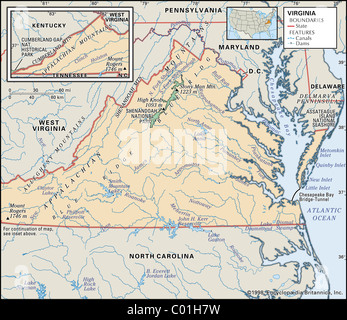 Physical map of Virginia Stock Photo