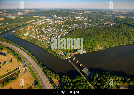 Aerial view, aqueduct on Harkortsee lake, Hensteysee lake, Ruhr river, Ruhrtal valley, Herdecke, Ruhrgebiet area Stock Photo