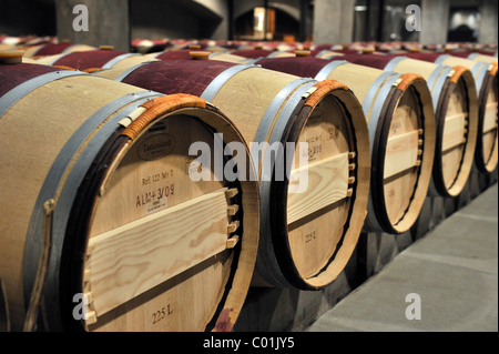 French oak barrels in the aging cellar of the Robert Mondavi Winery, Napa Valley, California, USA Stock Photo