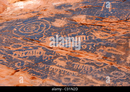 Rock carvings or petroglyphs of Native Americans, from around 1100, Valley of Fire State Park, Nevada, USA, North America Stock Photo