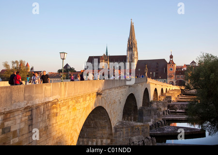 Stone Bridge, Regensburg Cathedral of Saint Peter, Regensburg, Bavaria, Germany, Europe Stock Photo