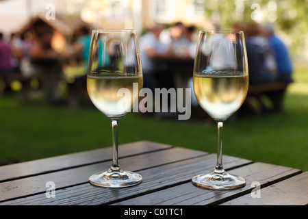 Two glasses of white wine, Noiblinger seasonal wine tavern, Weissenkirchen in the Wachau valley, Waldviertel region Stock Photo