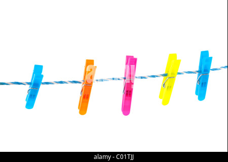 Colorful clothes pins on a laundry rope  Stock Photo