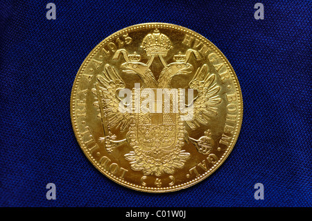 Austrian gold ducat from 1915, back motif, Imperial double eagle, inscription HVNGAR.BOHEM.GAL. 4 LOD.ILL.REX A.A.1915 Stock Photo