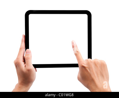 Hand holding touchpad and touching the screen Stock Photo