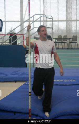 Pole Vaulter,  Lee Valley Athletics Track, London Indoor Games, after Pole Vault Stock Photo