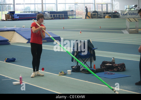 Pole Vaulter,  Lee Valley Athletics Track, London Indoor Games, start of Pole Vault Stock Photo