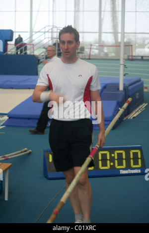 Pole Vaulter,  Lee Valley Athletics Track, London Indoor Games, Sports Timer Stock Photo