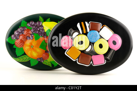 Two vintage tins from Marks and Spencer liquorice allsorts and fruit pastilles. EDITORIAL ONLY Stock Photo