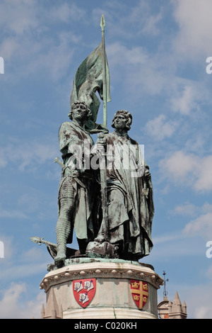 Close up of the statue of Jan Breidel and Peter de Coninck in the old market square (Markt), Bruges Belgium. Stock Photo