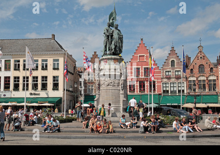 Statue of Jan Breidel and Peter de Coninck in the old market square (Markt), Bruges Belgium. Stock Photo