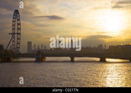 View looking west to River Thames, the London Eye, Houses of Parliament and Big Ben, from Waterloo Bridge, London, England, UK, Stock Photo