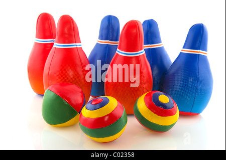 Bowling game with several pins and balls Stock Photo