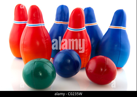 Bowling game with several pins and balls Stock Photo