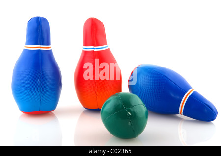 Bowling game with several pins and balls Stock Photo