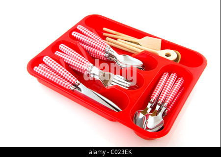 Cheerful red checkered cutlery in plastic box Stock Photo