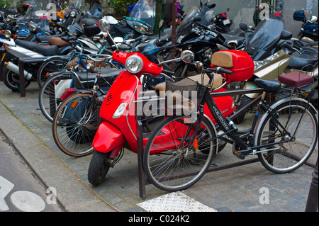 Paris, France, Street Scenes, Group Motorcycles Parked on Street, in the Marais District Stock Photo