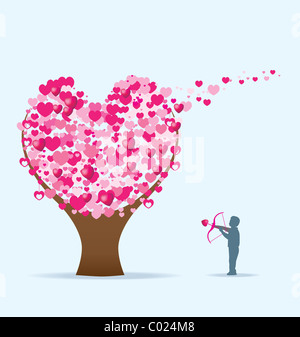 a person shoots hearts into a tree of love Stock Photo