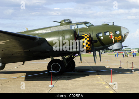 Boeing B-17G Flying Fortress 'Sally B', showing 'Memphis Belle' nose art, on the flightline at Duxford airfield Stock Photo