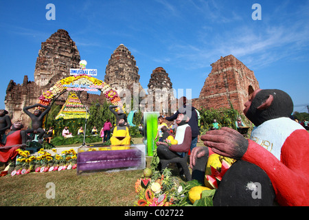 atmosphere of Monkey Chinese banquet Festival at Praprangsamyod Lopburi Thailand Stock Photo