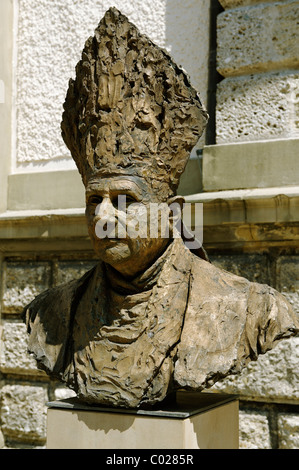 Bronce bust of Pope Benedict XIV by J. Brunner, 2007, Stadtplatz town square, Traunstein, Upper Bavaria, Bavaria Stock Photo