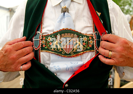 Schuhplattler traditional dance, contest for the Bavarian lion, hosted by the folklore society 'd`Veiglberger', Neufahrn on the Stock Photo