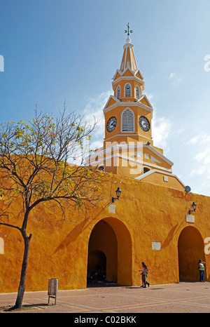 yellow clock tower, Cartagena old town, Colombia Stock Photo