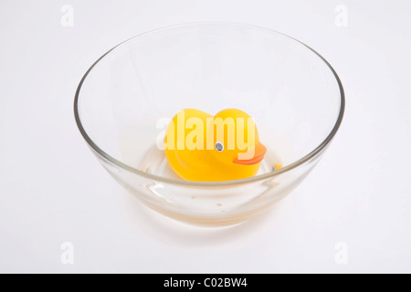 Rubber duck floating in a glass bowl with little water, water shortage Stock Photo