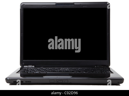 Black laptop computer with totally blank black screen isolated against a white background Stock Photo