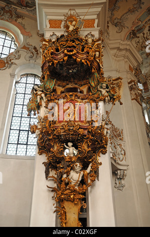 Pulpit, Rococo, Wieskirche church, Wies 12, Wies Steingaden, Upper Bavaria, Bavaria, Germany, Europe Stock Photo