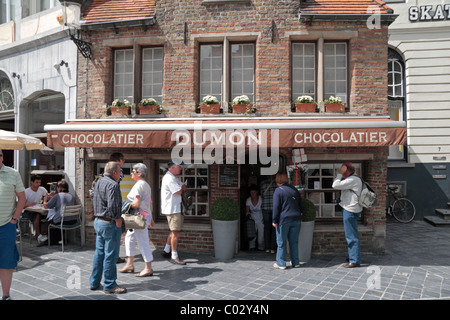 The Dumon Chocolatier shop in Eiermarkt, Bruges, Belgium. Stock Photo