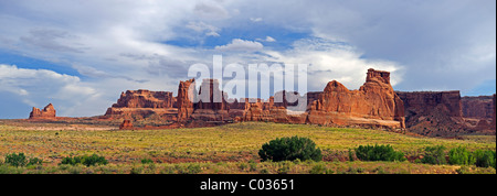 Panoramic view of the Courthouse Towers in the evening light, Arches National Park, Utah, USA Stock Photo