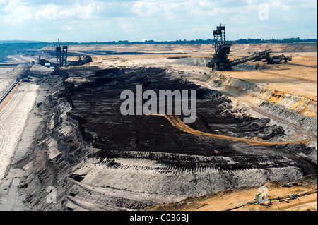 Two bucket excavators and a coal seam in the open pit in Garzweiler, North Rhine-Westphalia, Germany, Europe Stock Photo