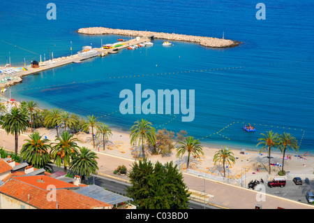 Aerial view of beach and palm trees of Menton in France, region Provence, department Alpes Maritimes Stock Photo