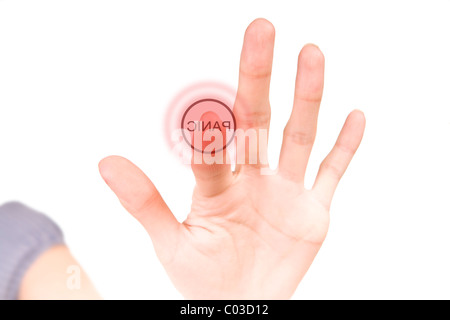 woman pushing the PANIC button Stock Photo