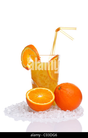 Photo of fresh orange juice in a glass with crushed ice, isolated on a white background. Stock Photo