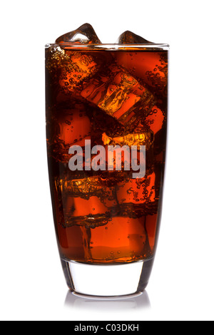 Photo of fizzy Cola in a glass with ice cubes, isolated on a white background. Stock Photo