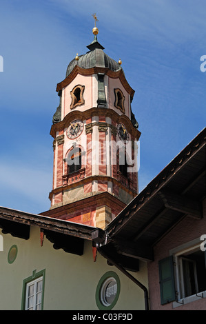 Tower of the parish church of St. Peter and Paul, baroque style from 1740, seen from the Hochstrasse, Mittenwald, Upper Bavaria Stock Photo
