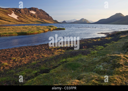 Evening on a lake in a volcanic landscape, Alftavatn, Iceland, Europe Stock Photo