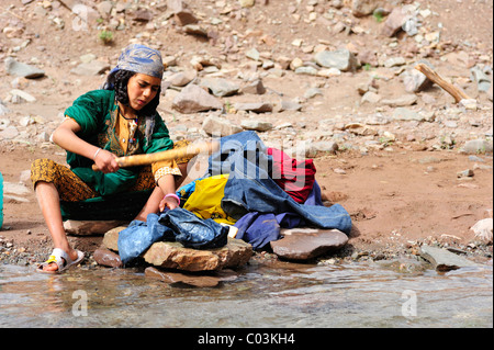 Young woman wearing a headscarf washing laundry with a stick on a riverbank, High Atlas Mountains, Morocco, Africa Stock Photo