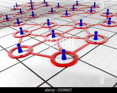 Social Network stylized by blue figurines on a red network Stock Photo