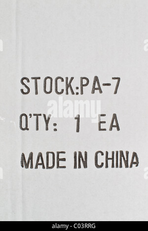 The side of packing box showing the item as 'Made in China.' Stock Photo