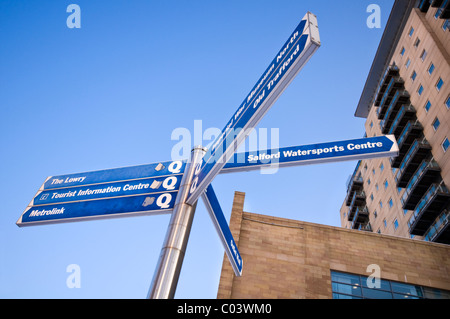 Signs outside the Lowry Outlet Mall shopping centre at Salford Quays near Manchester in England Stock Photo
