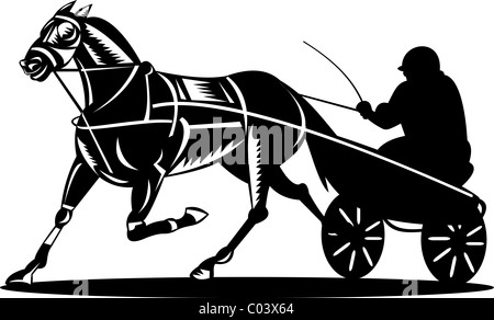 Illustration of silhouette of jockey in harness racing horse isolated on white background side view black and white woodcut and Stock Photo