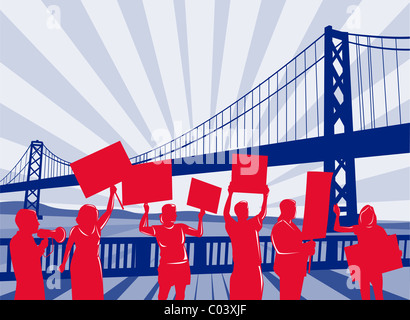 Illustration of red silhouetted people protesting with bridge on sunburst blue and white background woodcut and retro style Stock Photo