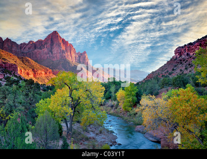 Fall color and Virgin River. Zion National Park, Utah. Sky has been added Stock Photo