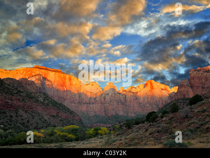 Temple and Towers of the Virgin. Zion National Park, Utah. A sky has been added. Stock Photo