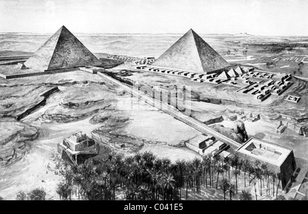 This early 1920s illustration shows the first and second pyramids at Giza in Lower Egypt, with the Great Sphinx in foreground. Stock Photo