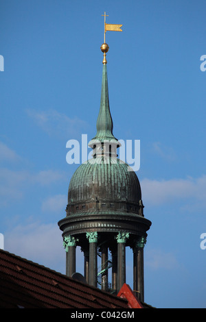 Bell tower, Michel, St. Michaelis Church, Hamburg at evening, night, historical, old, Stock Photo